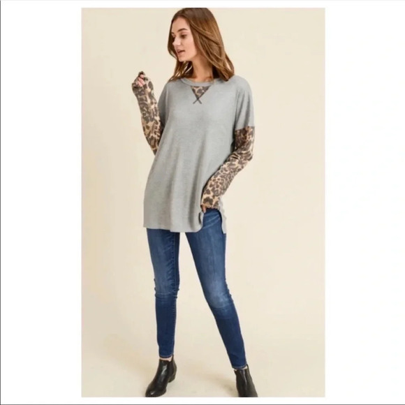 Gray Leopard Sleeve Long Sleeve Top - Picture 7 of 8